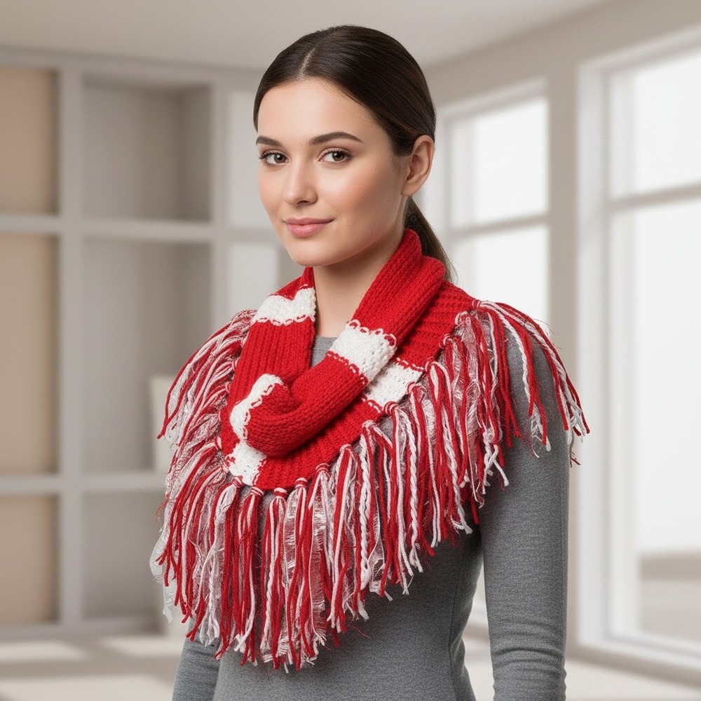 NEW Hand Knitted Red White Boho Cowl Scarf Fringe Indie Artsy Hippie Coastal Mod
